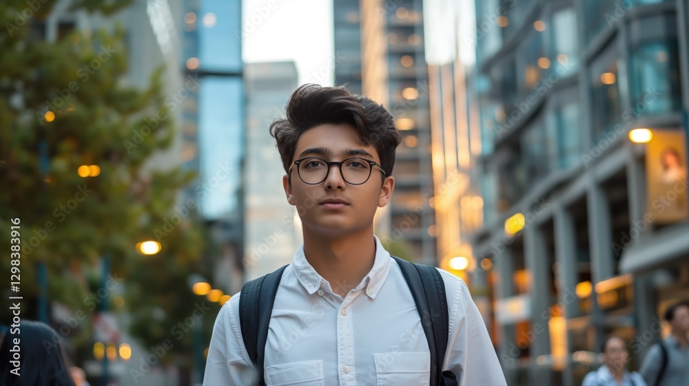 Fototapeta premium young South Asian school student walking down a busy urban street