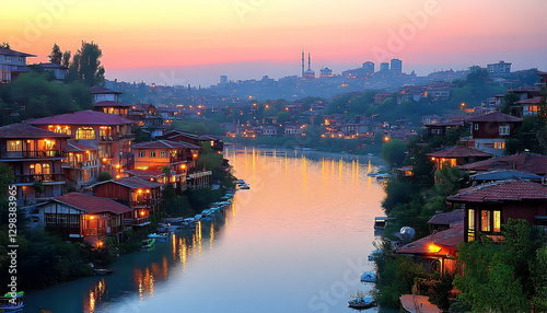Serene sunset over a tranquil river lined with charming houses, reflecting warm lights and city skyline