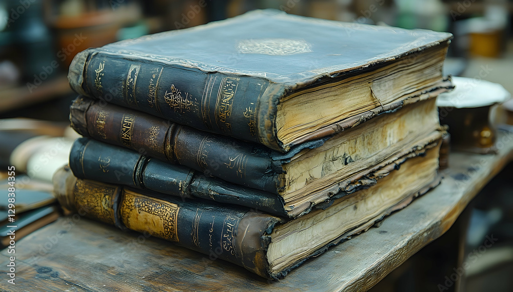 Stacked antique books with worn leather covers on a rustic wooden table in a cozy library setting Stacked antique books with worn leather covers on a rustic wooden table in a cozy library setting