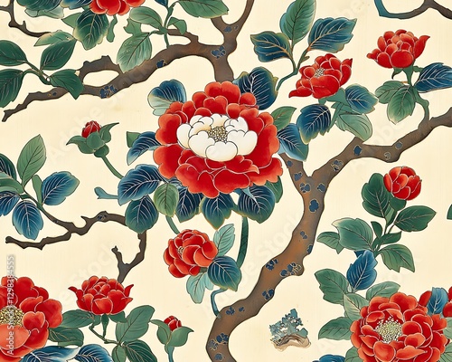 Floral illustration, red blossoms on a tree branch, background with foliage, for wallpaper or design