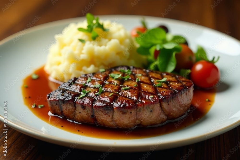 Perfectly grilled ribeye, seasoned, served with fluffy mashed potatoes and fresh salad , plate, side dish Perfectly grilled ribeye, seasoned, served with fluffy mashed potatoes and fresh salad , plate, side dish