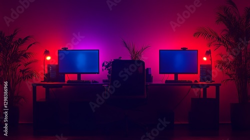 Two computer workstations illuminated with ambient neon colored lights