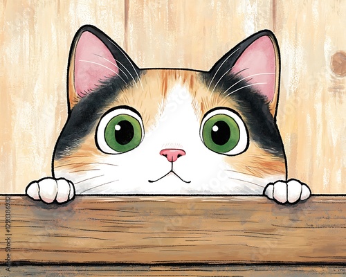 Calico cat peeking over wooden fence, cartoon style, playful background, potential for greeting cards
