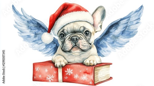 Festive French Bulldog with Wings - Adorable French bulldog puppy wearing a Santa hat and angel wings, perched on a Christmas gift book. Perfect for holiday cards and pet-themed designs photo