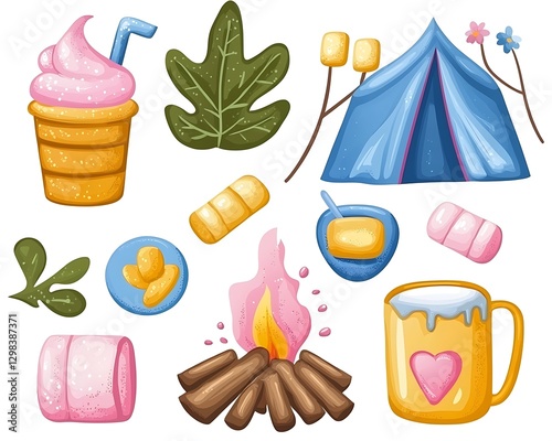 Camping scene with bonfire and marshmallow roast. Tent, drink, and gear around. For holiday themes photo