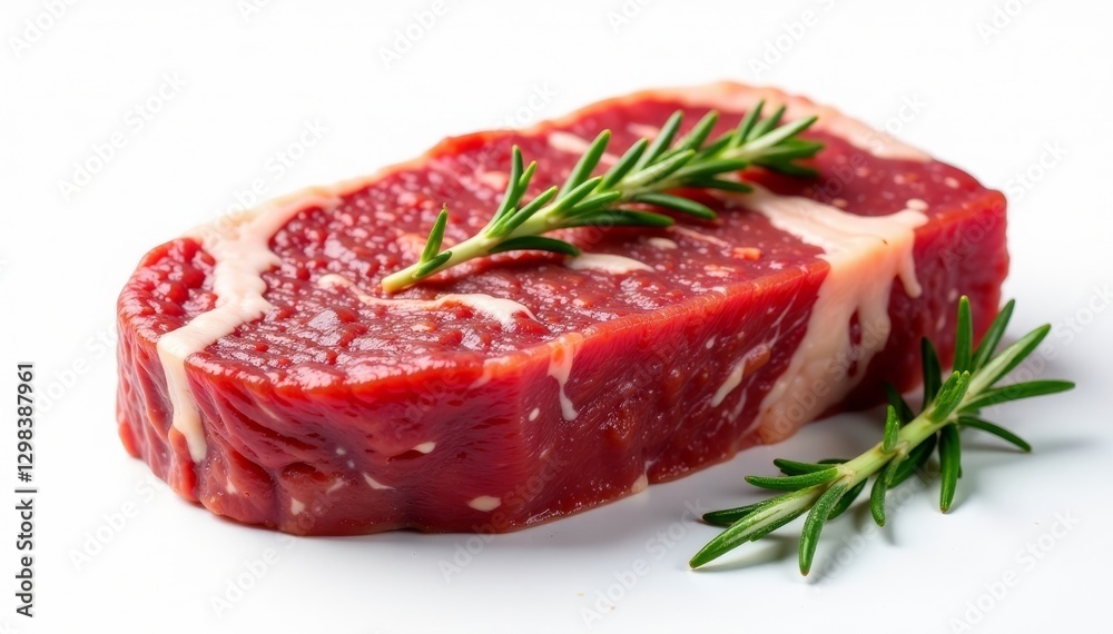 Marbled raw steak with fragrant rosemary, pure white background, white, image