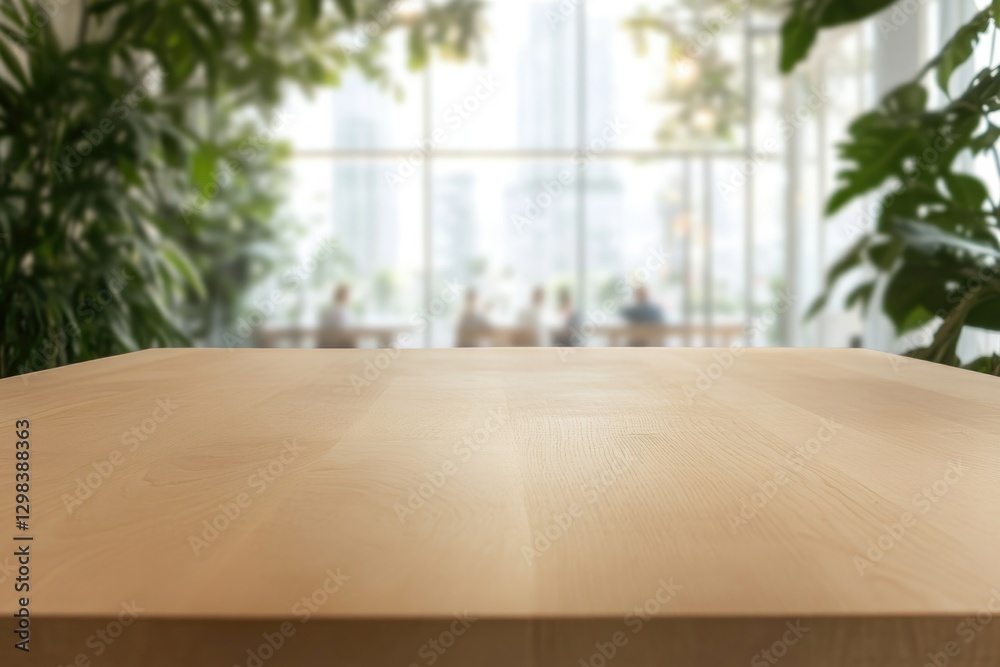 Fototapeta premium Bright workspace features wooden table surrounded by lush greene