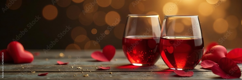 Two glasses of red wine, softly lit, on rustic wood against a gold shimmer Valentine's Day , dark, toast Two glasses of red wine, softly lit, on rustic wood against a gold shimmer Valentine's Day , dark, toast