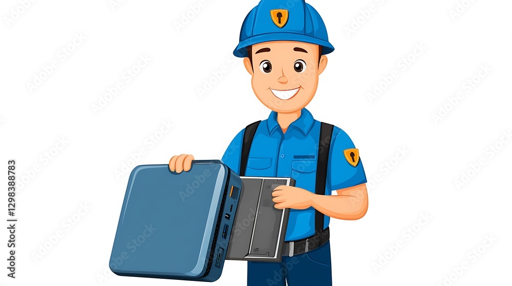 Cartoon engineer repairs computer; white backdrop for ad usage Cartoon engineer repairs computer; white backdrop for ad usage