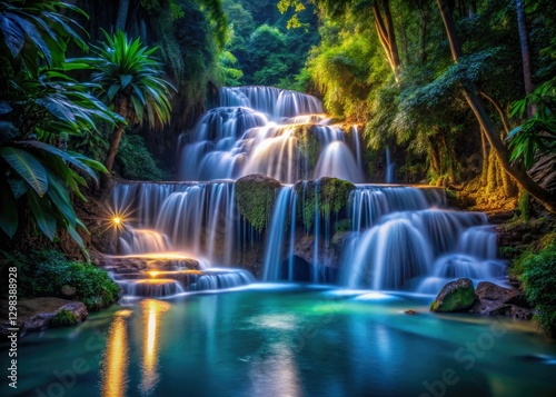 Lush green foliage surrounds a crystal-clear waterfall, illuminated in a magical night scene of low light.