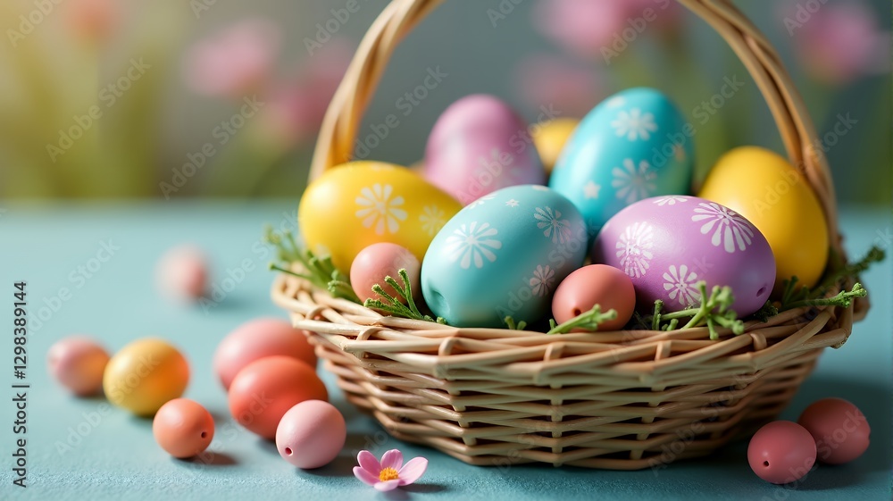 Festive Easter Basket with Colorful Eggs and Flowers Festive Easter Basket with Colorful Eggs and Flowers