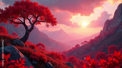 Breathtaking valley, vibrant red foliage, and majestic mountains. photo