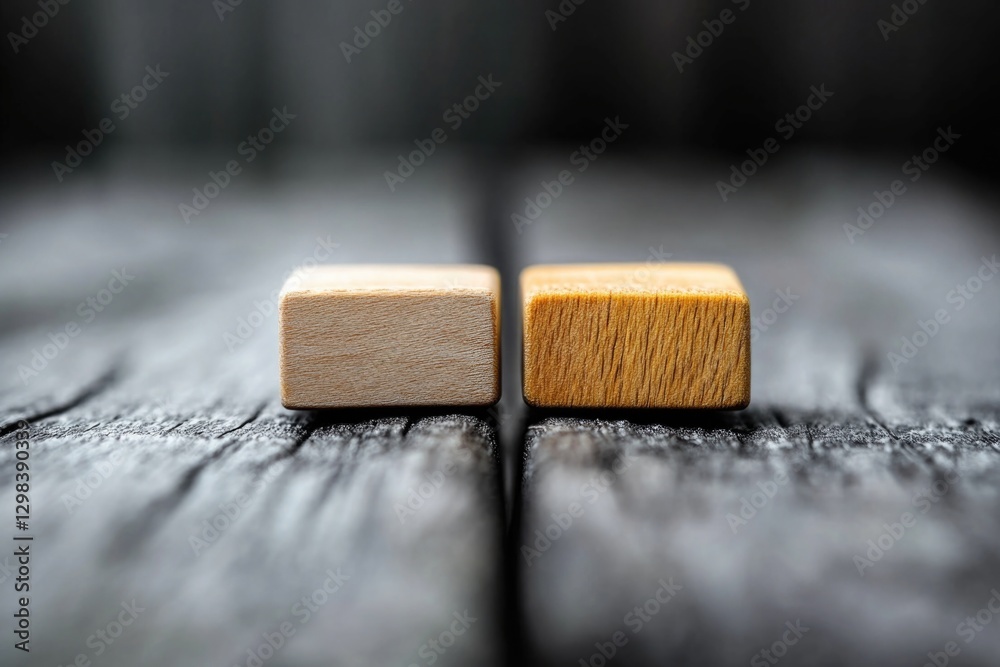 Two wooden cubes sit atop a wooden table, perfect for decorative or creative purposes Two wooden cubes sit atop a wooden table, perfect for decorative or creative purposes