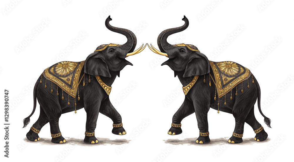 Obraz premium Two elephants adorned with gold ornaments