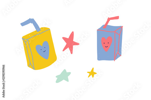 Illustration of juice boxes with a smiley face in the form of a heart with a smile. Isolated vector illustration of juice and stars