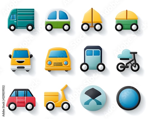 Cartoon transport icons in rows, delivery & travel. UI/UX design, app background, web icons, navigation