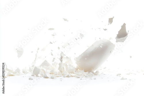 A broken glass milk bottle lies on a clean white surface, empty and useless