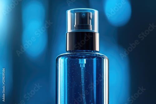 A clear glass water bottle with condensation on the outside, placed on a table