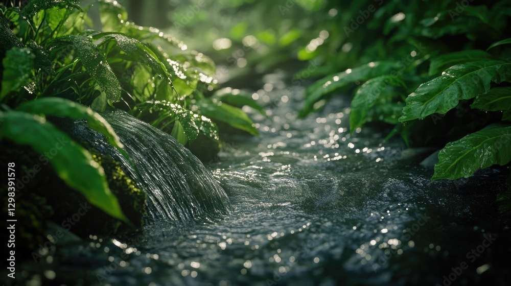 A serene stream runs through a dense and vibrant forest A serene stream runs through a dense and vibrant forest