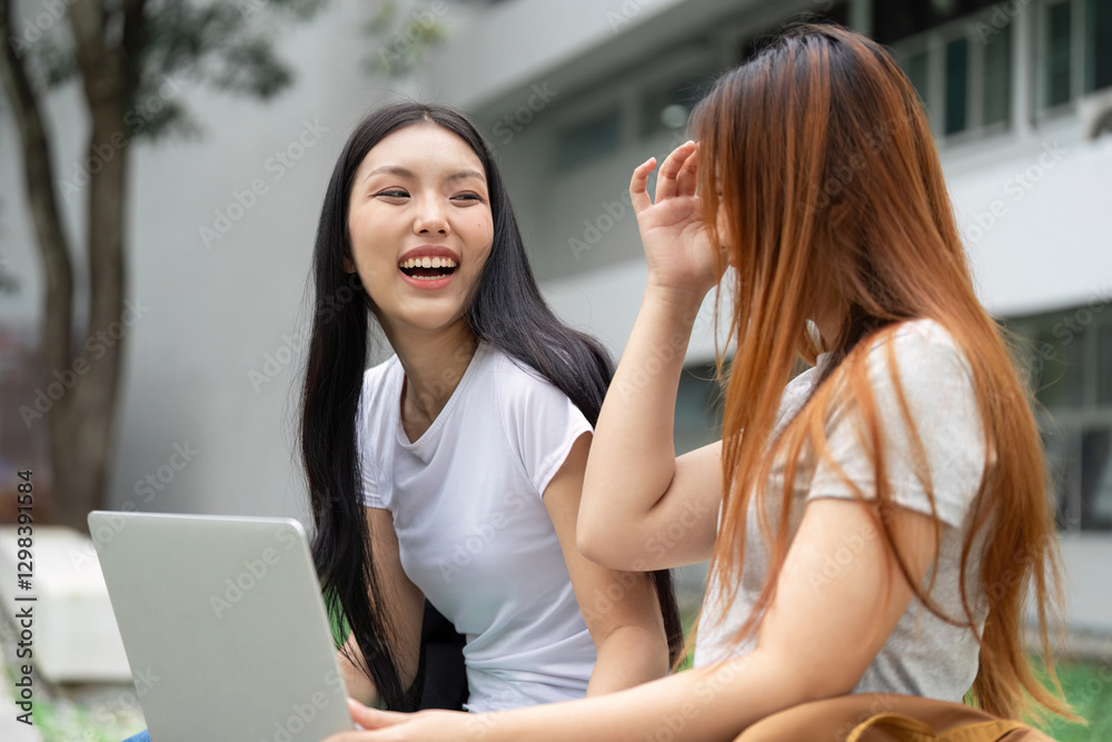 Two university students laughing and sharing ideas, promoting collaboration in education Two university students laughing and sharing ideas, promoting collaboration in education