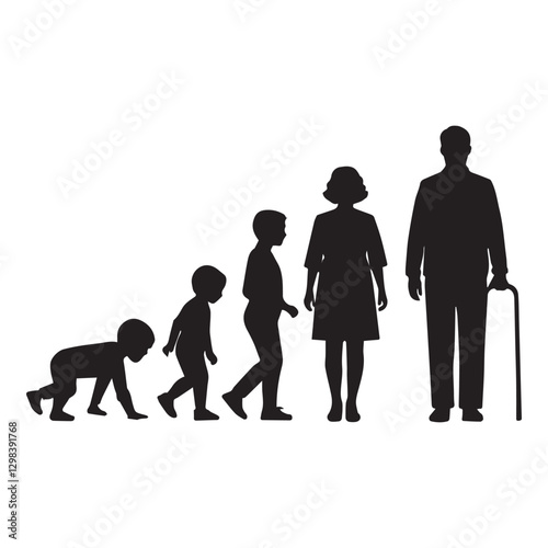 Human in different ages. Set of black silhouettes of man and woman at different stages of growing up, from baby to elderly person. Flat vector illustration collection isolated on white background
