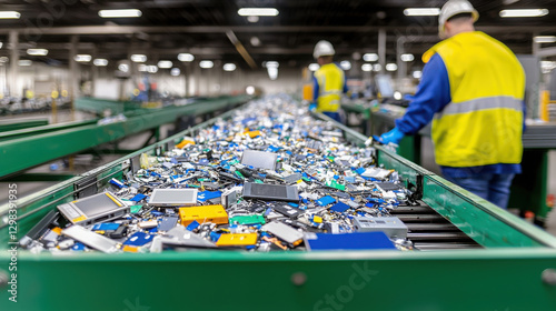 Recycling facility with conveyor belts processing electronic waste, showcasing workers in safety gear