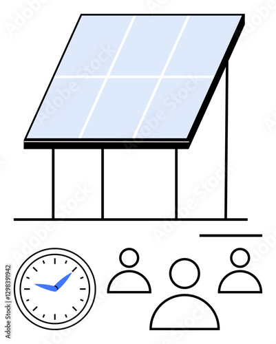 Solar panel on supports, analog clock, three user figures. Ideal for renewable energy, efficiency, teamwork, sustainability, clean technology, time management abstract line flat metaphor
