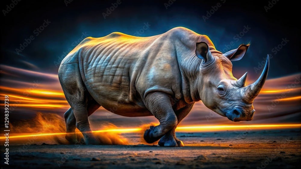 Fototapeta premium Night falls on a rhino; a long exposure image reveals its blurred motion as a dark silhouette against the night.