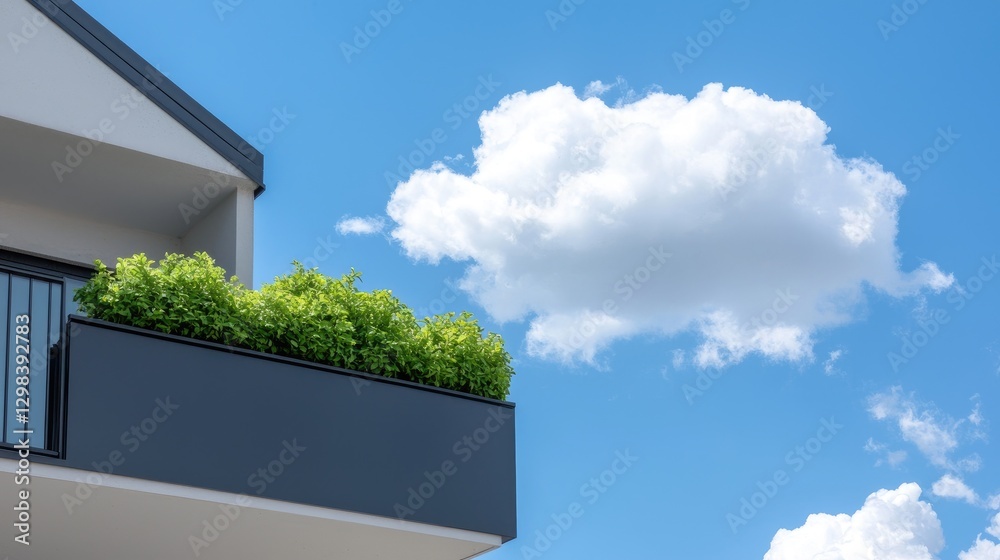 Modern Balcony with Greenery Against a Clear Sky. Possible Use Stock Photo