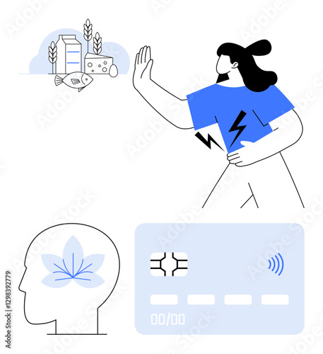 Woman avoiding allergens, mindful head with lotus icon, and wireless payment card. Ideal for health, mindfulness, self-care, financial tech, allergies, wellness abstract line flat metaphor