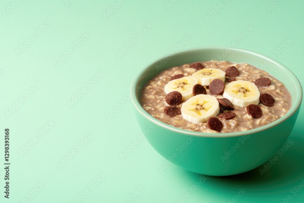 Warm bowl of oatmeal topped with banana slices and chocolate chi Warm bowl of oatmeal topped with banana slices and chocolate chi