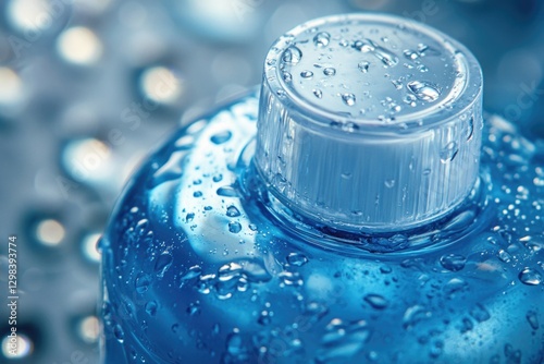 A close-up shot of a blue bottle of water with no cap or label