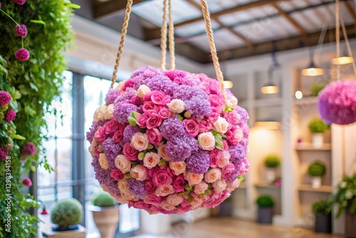 Pink and lilac floral ball, a stunning shop/office decoration, captured in an enchanting drone shot from above.