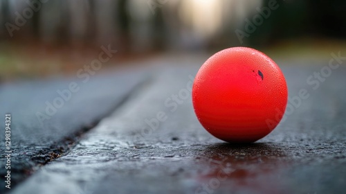 A red ball is left on the side of the road, possibly from a game or toy