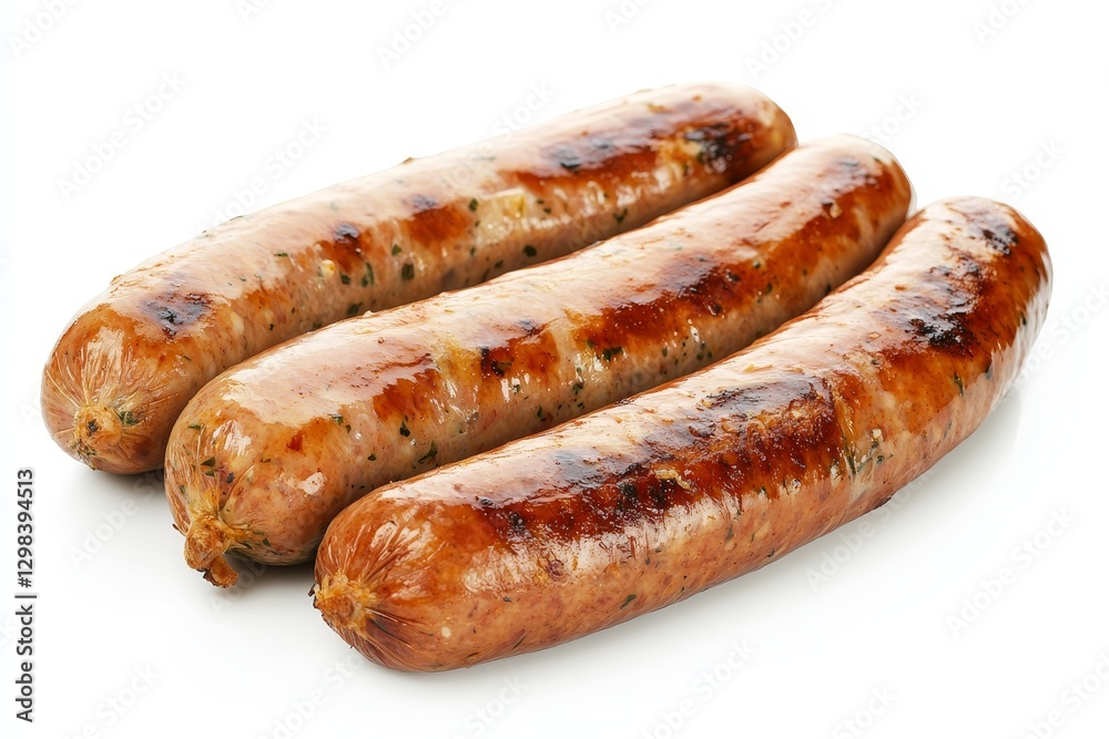 Grilled Sausages Isolated on White Background - Three juicy grilled sausages, plump and flavorful, symbolize summer barbecues, delicious meals, hearty eating, satisfying hunger, and outdoor fun Grilled Sausages Isolated on White Background - Three juicy grilled sausages, plump and flavorful, symbolize summer barbecues, delicious meals, hearty eating, satisfying hunger, and outdoor fun