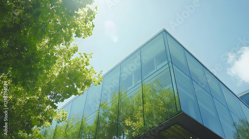 Modern glass building, green trees, sunny sky, urban landscape, corporate image