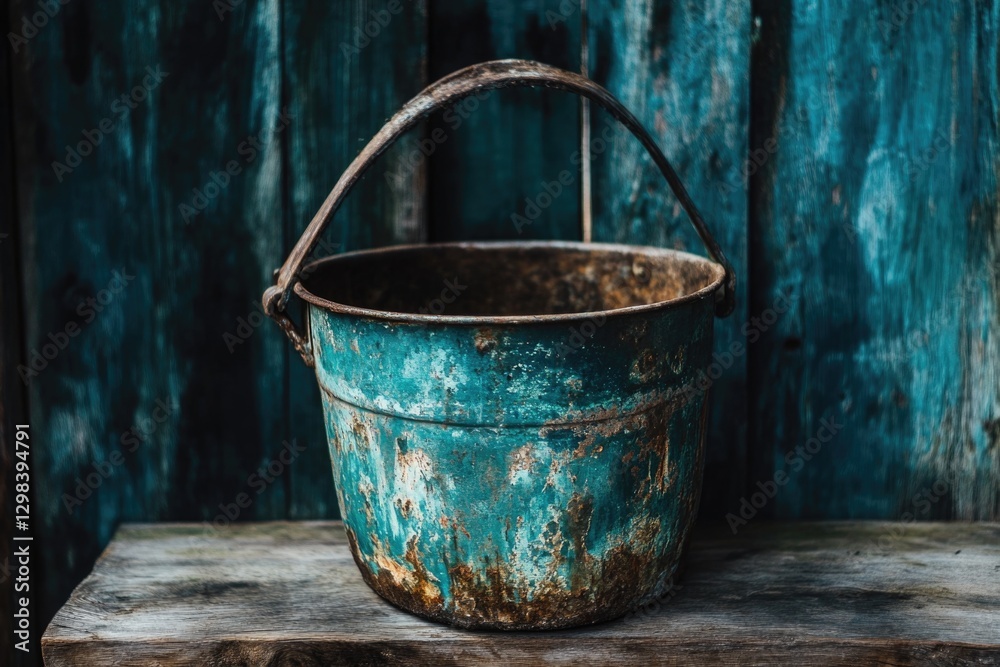 A bucket sits atop a wooden table, awaiting use or storage A bucket sits atop a wooden table, awaiting use or storage