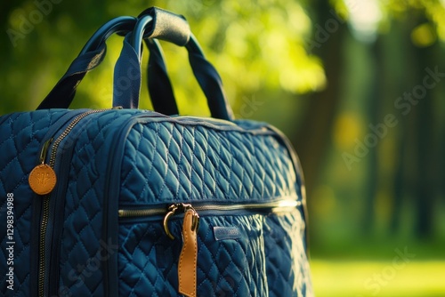 A blue quilted bag sits atop a lush green field, waiting to be discovered photo