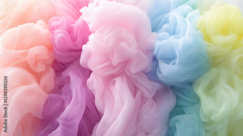 Fototapeta premium Pastel Rainbow Fabric Texture, Soft Sheer Tulle Drape