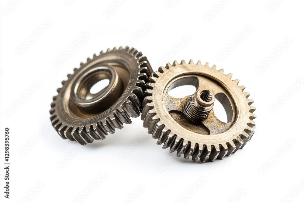 Interlocking Gears: Precision and Power - Two metallic gears interlock, symbolizing collaboration, precision engineering, industrial strength, operation, and intricate mechanics Interlocking Gears: Precision and Power - Two metallic gears interlock, symbolizing collaboration, precision engineering, industrial strength, operation, and intricate mechanics