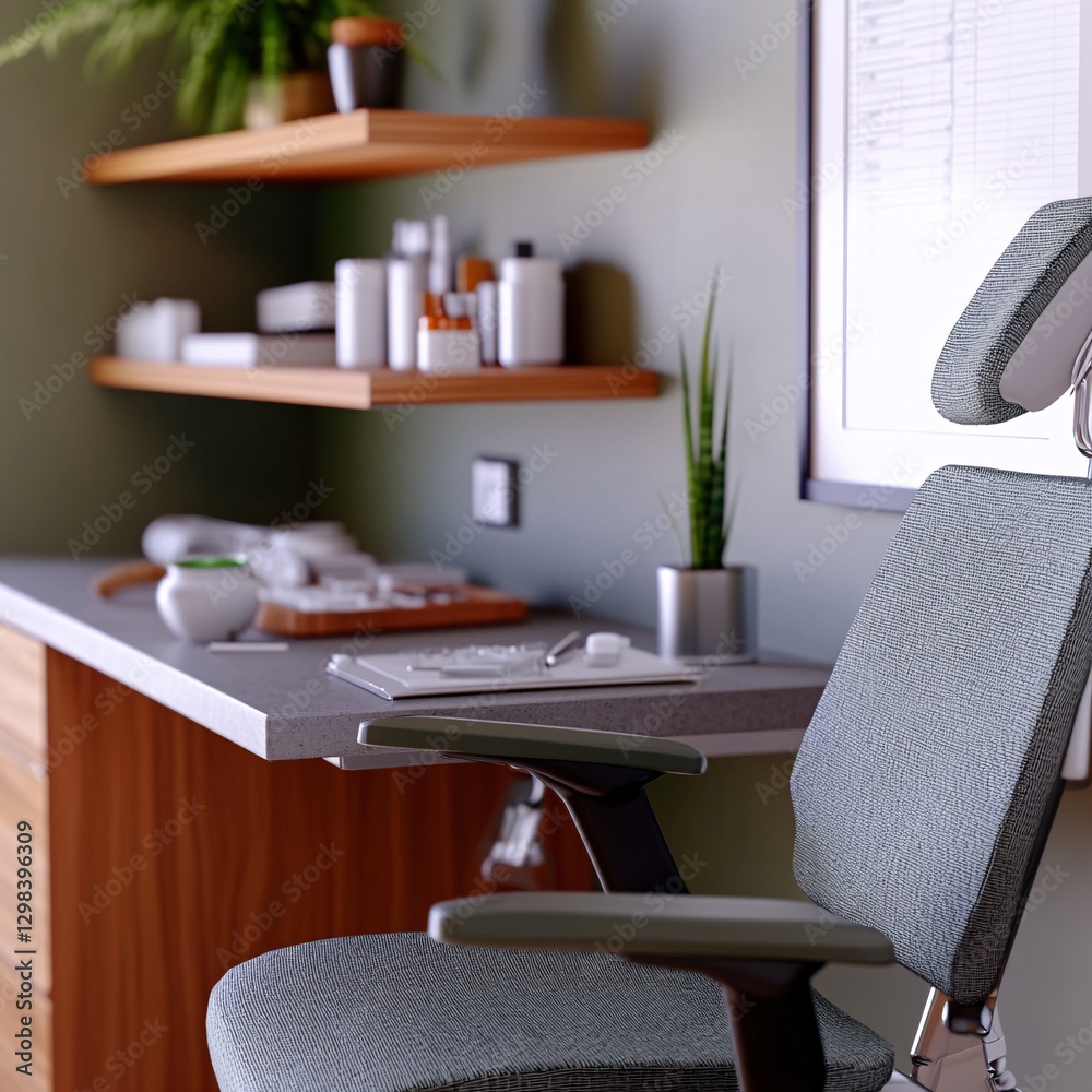 Modern office workspace with ergonomic chair, plants, and desk. Ideal for productivity, well-being, and healthy work Modern office workspace with ergonomic chair, plants, and desk. Ideal for productivity, well-being, and healthy work