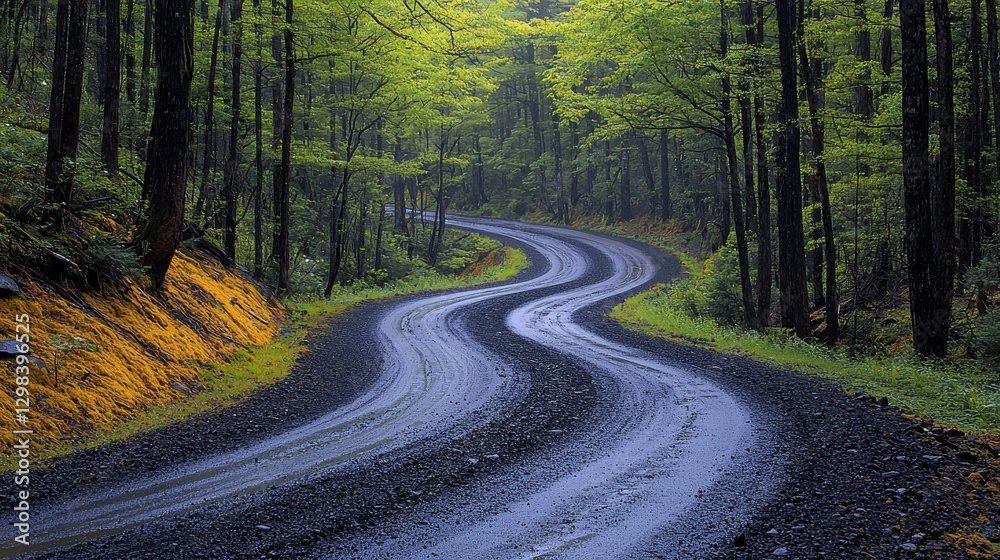 Fototapeta premium Winding gravel road through lush green forest on a calm overcast day