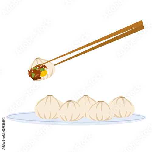 Vector illustration of dumplings and xiaolongbao on a plate with chopsticks. Chinese dim sum design with graphic details. Ideal for stickers, menus, restaurant designs