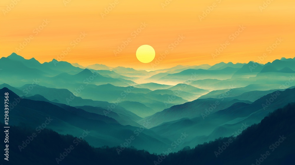 Fototapeta premium A serene sunset view over misty mountains with vibrant colors in the sky.