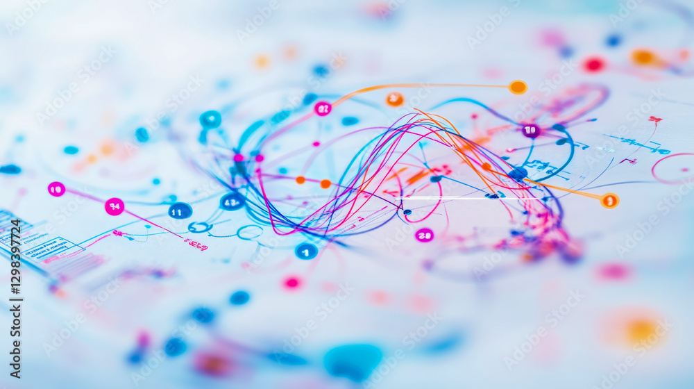 Fototapeta premium Data Flow Visualization: An intricate network of colorful connections over a detailed analytical report for graphic element