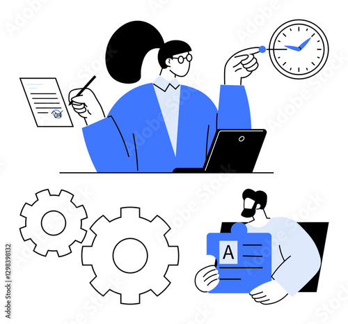 Woman multitasking with laptop, document, and clock. Man holding certificate with gears below. Ideal for workflow optimization, task management, productivity, business processes, team collaboration