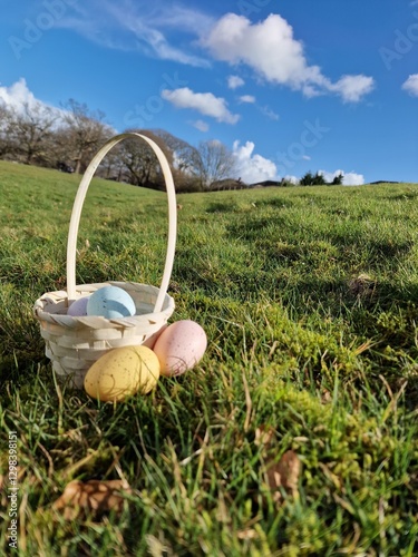 Easter Eggs in a Basket on Fresh Green Grass