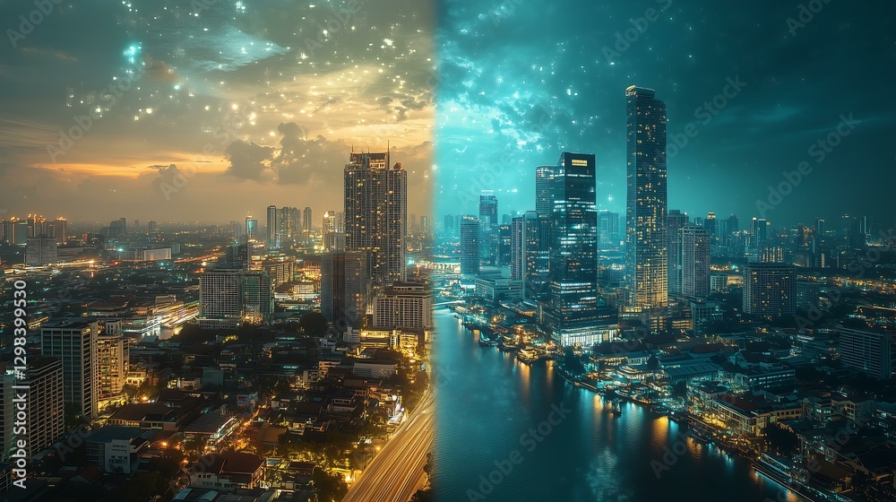 Obraz premium Stunning city skyline at twilight, showcasing modern architecture and vibrant colors.