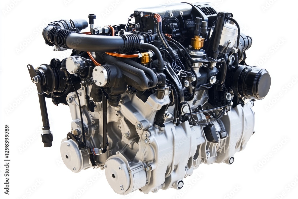 A detailed view of a motor engine components on a plain background, ideal for illustration or educational purposes A detailed view of a motor engine components on a plain background, ideal for illustration or educational purposes