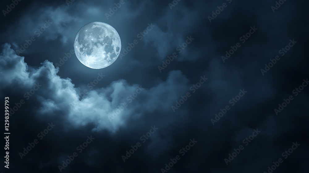 Full moon in dark cloudy night sky. Background Nighttime scene. Use Background for designs, posters, or presentations Full moon in dark cloudy night sky. Background Nighttime scene. Use Background for designs, posters, or presentations